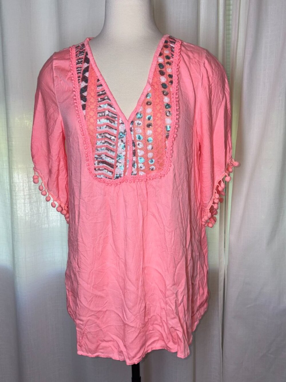 Italian Viscose Soft T-shirt Blouse With Pom Poms